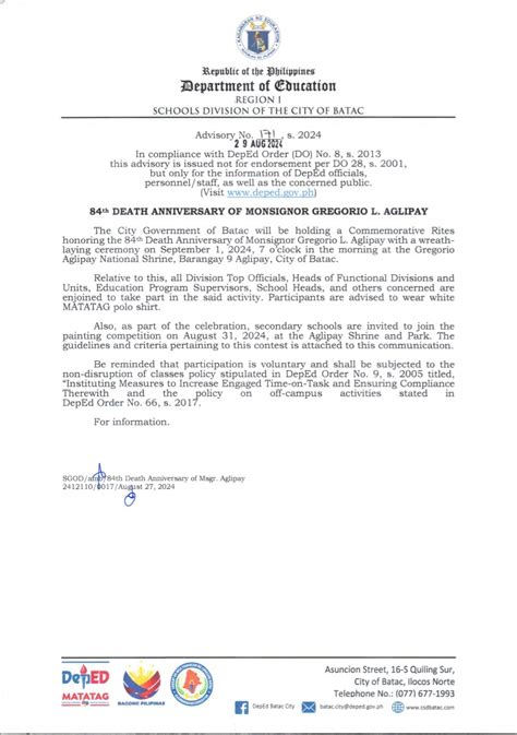 aglipay day batac city|Advisory No. 171, s. 2024 84TH DEATH .